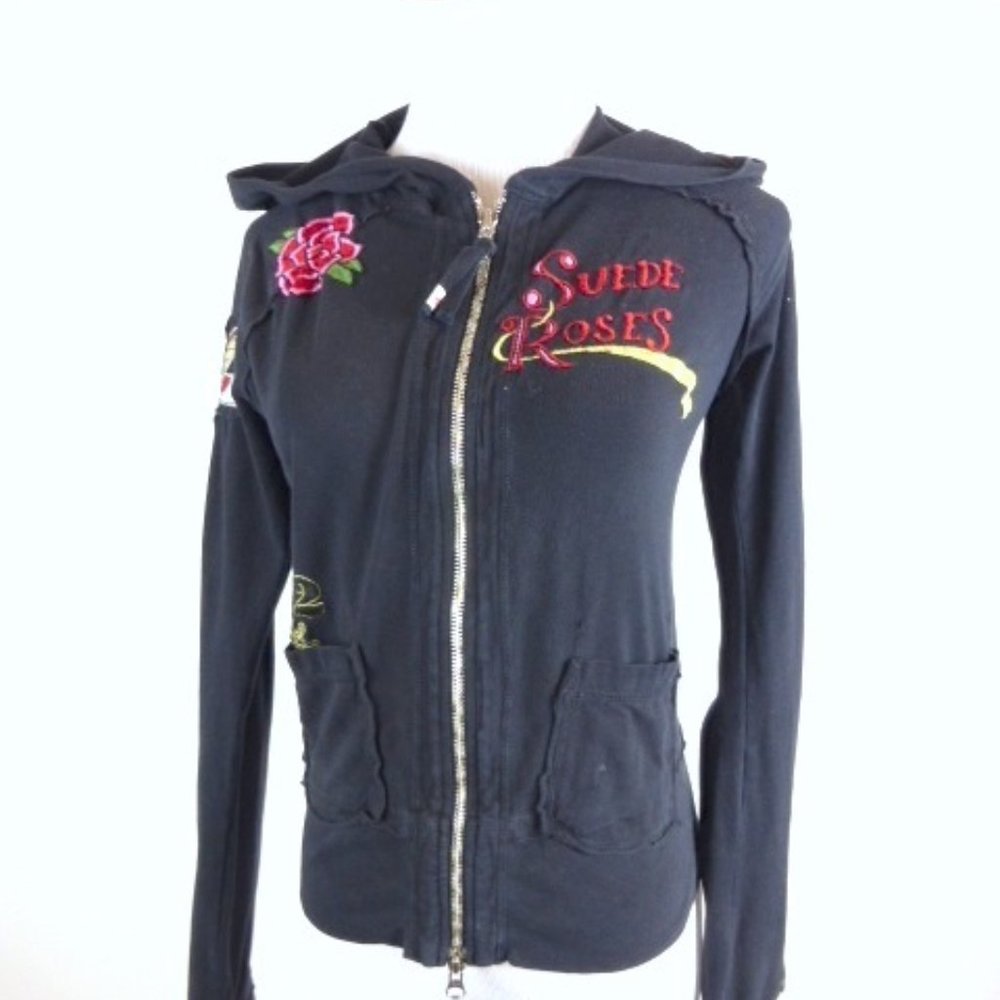 Johnny Was jwla black bird roses embroidered zip front cardigan hoodie XXS